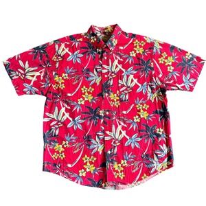 Natural Issue Mens Large Red Tropical Floral Palm Tree Cotton Button Down Shirt